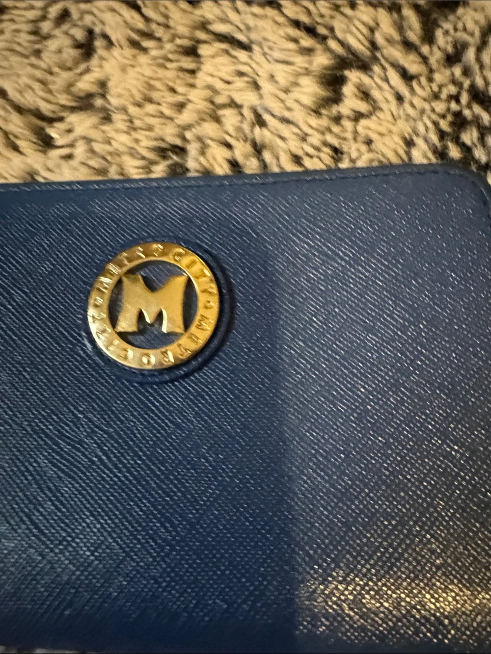 Metrocity Blue Zip-Around Saffiano Wallet with Gold Medallion Amazing Condition